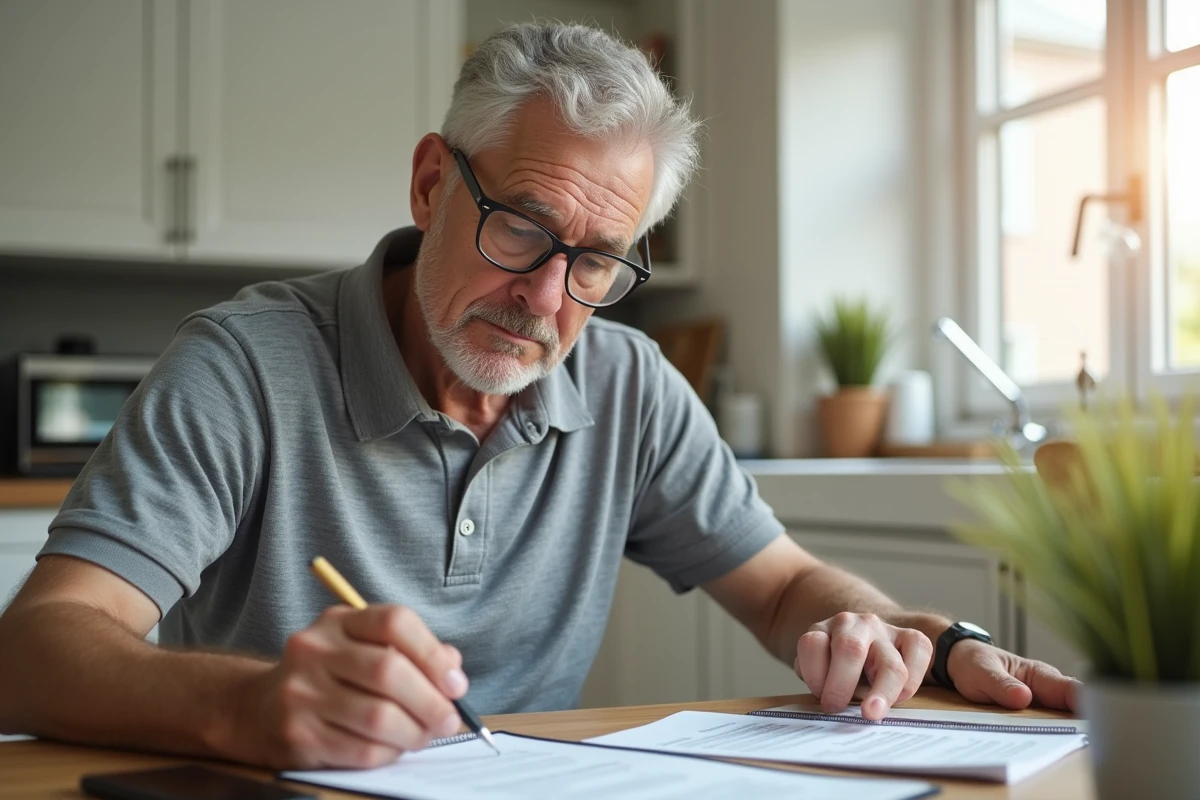 Propriétaire ou locataire lisant un contrat de bail à la cuisine pour déterminer la responsabilité des réparations de plomberie