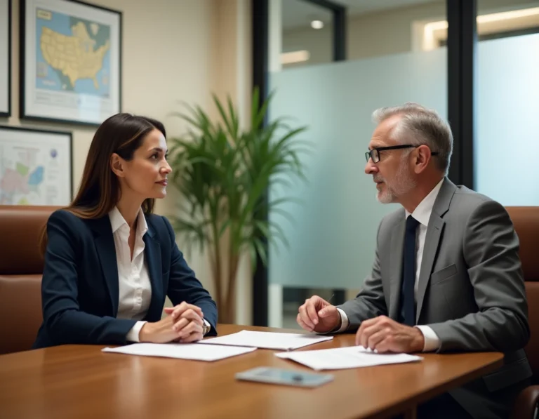 Réunion professionnelle entre une entrepreneuse et un conseiller de la CCI dans une salle de conférence institutionnelle